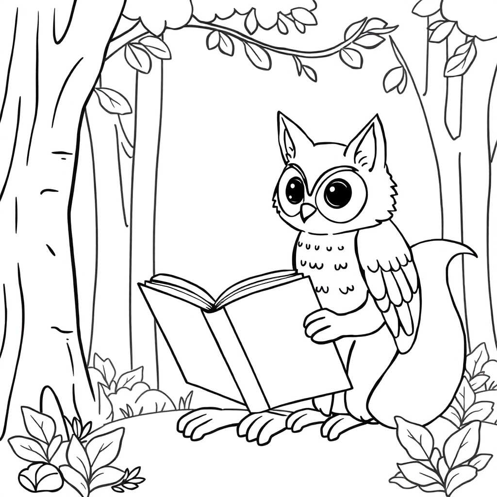 Fox and owl reading books under a tree simple forest background thick clear صفحات التلوين