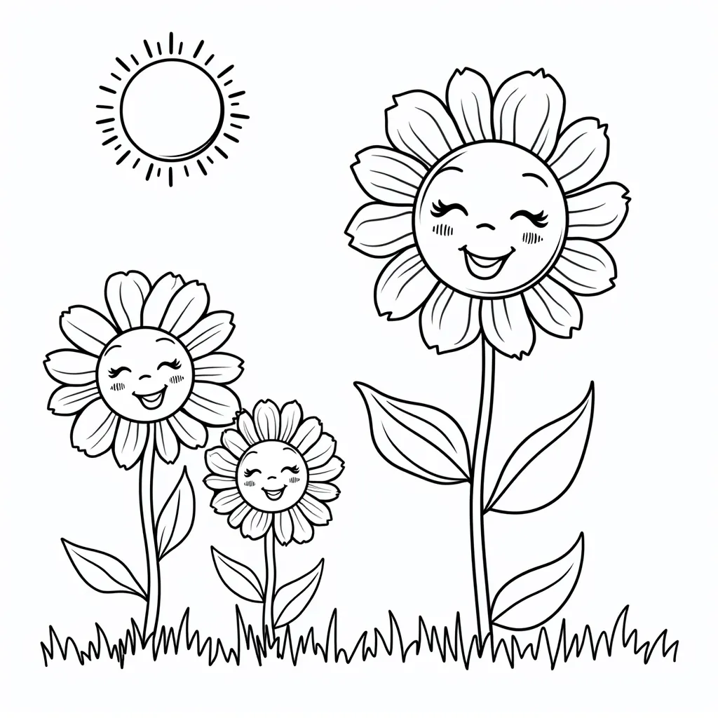 two sun flowers and a little girl coloring pages