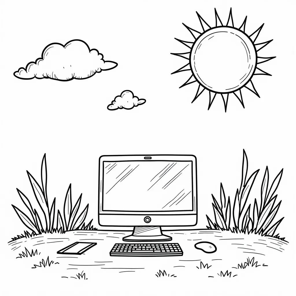 a pc on a desk and it is sun outside coloring pages