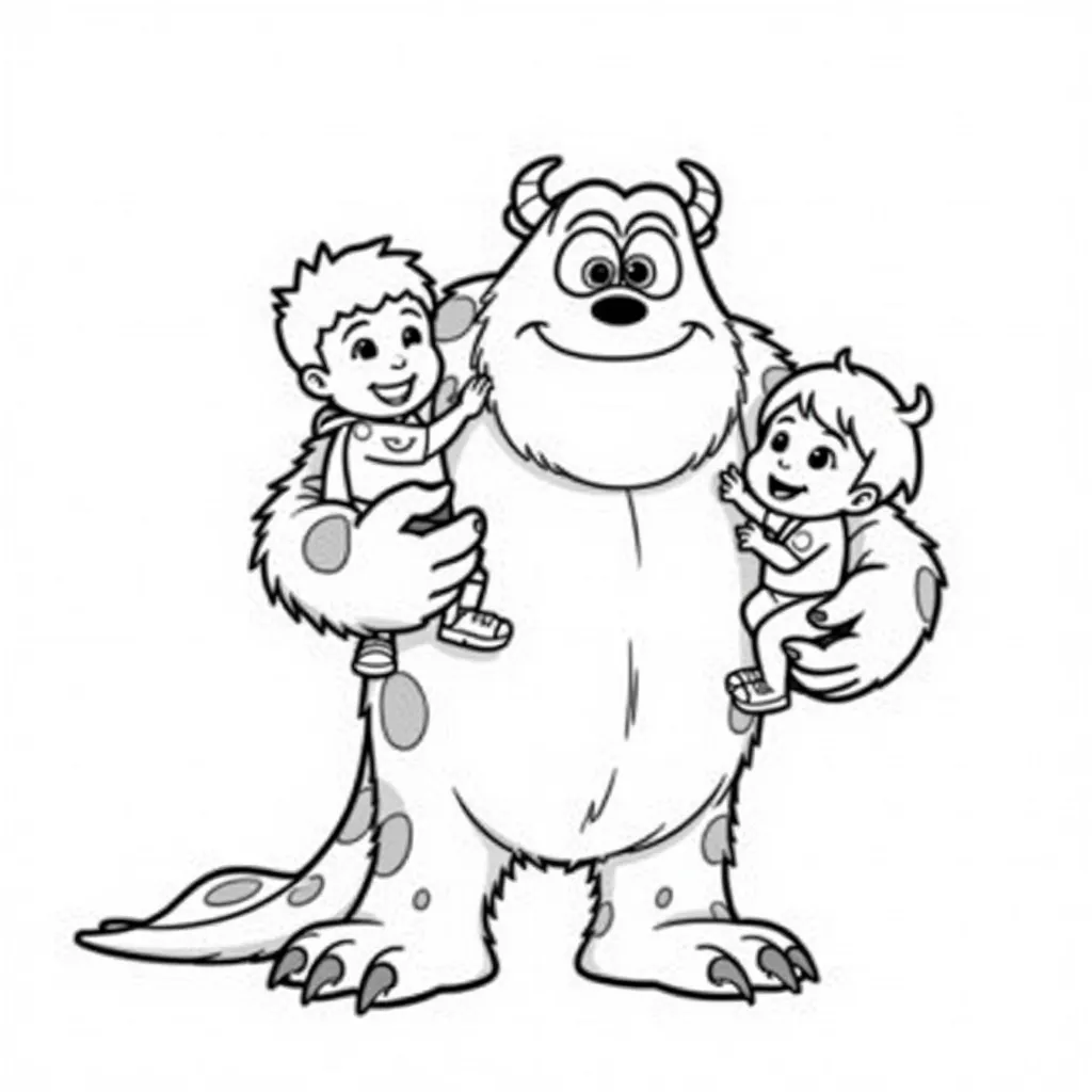 sulley monsters inc holding a baby girl beside 2 boys coloring pages