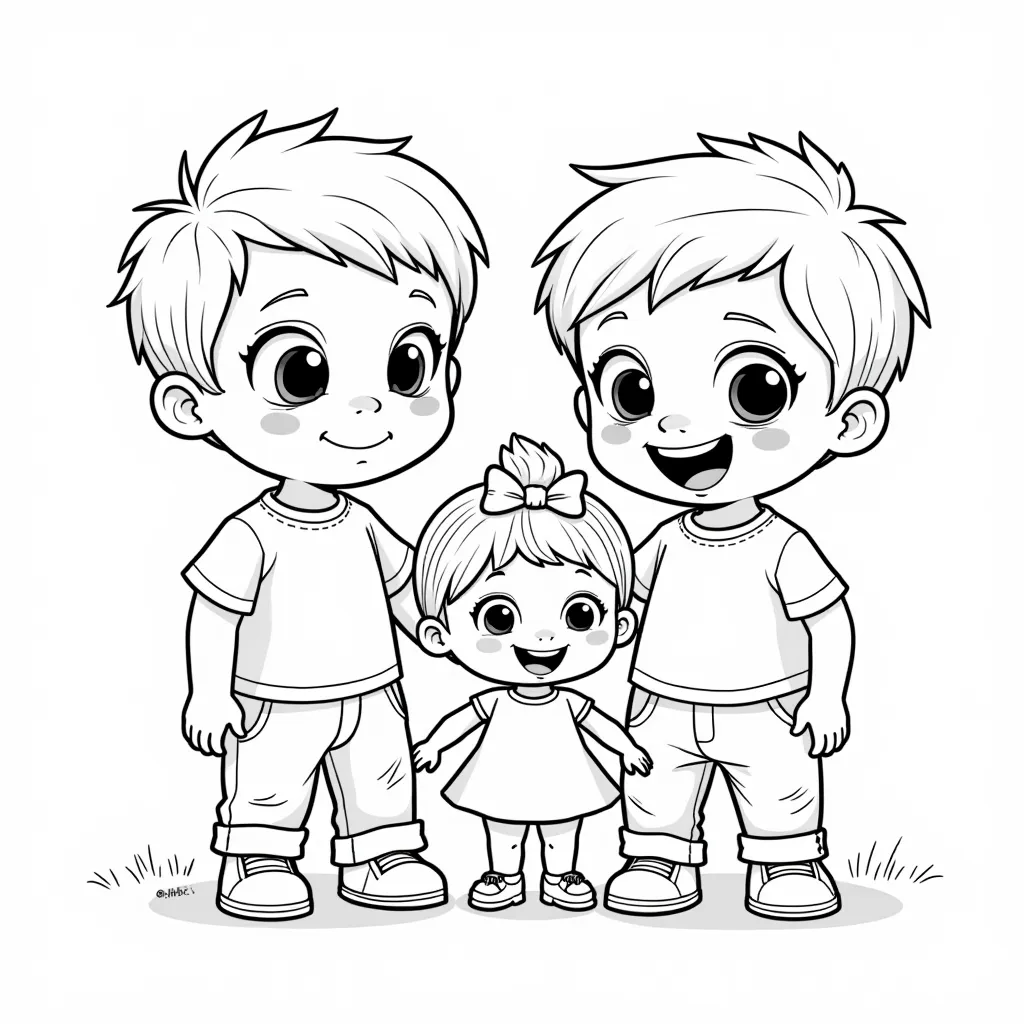 two toddler brothers with 1 baby girl in monsters inc style coloring pages