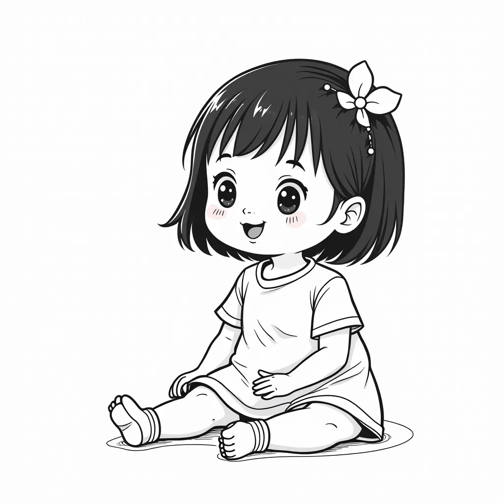 Asian baby girl cute with black hair talking to someone coloring pages