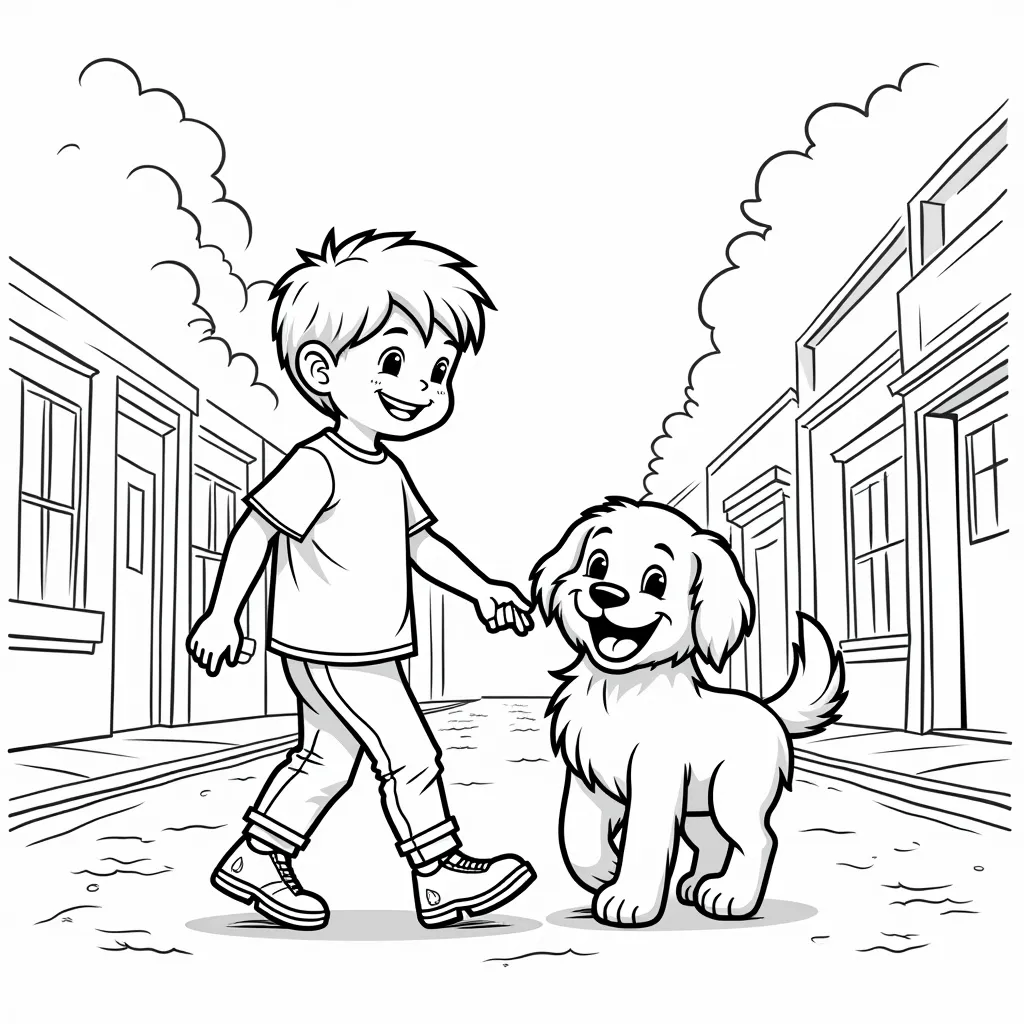 a boy with a dog together walking on the street coloring pages