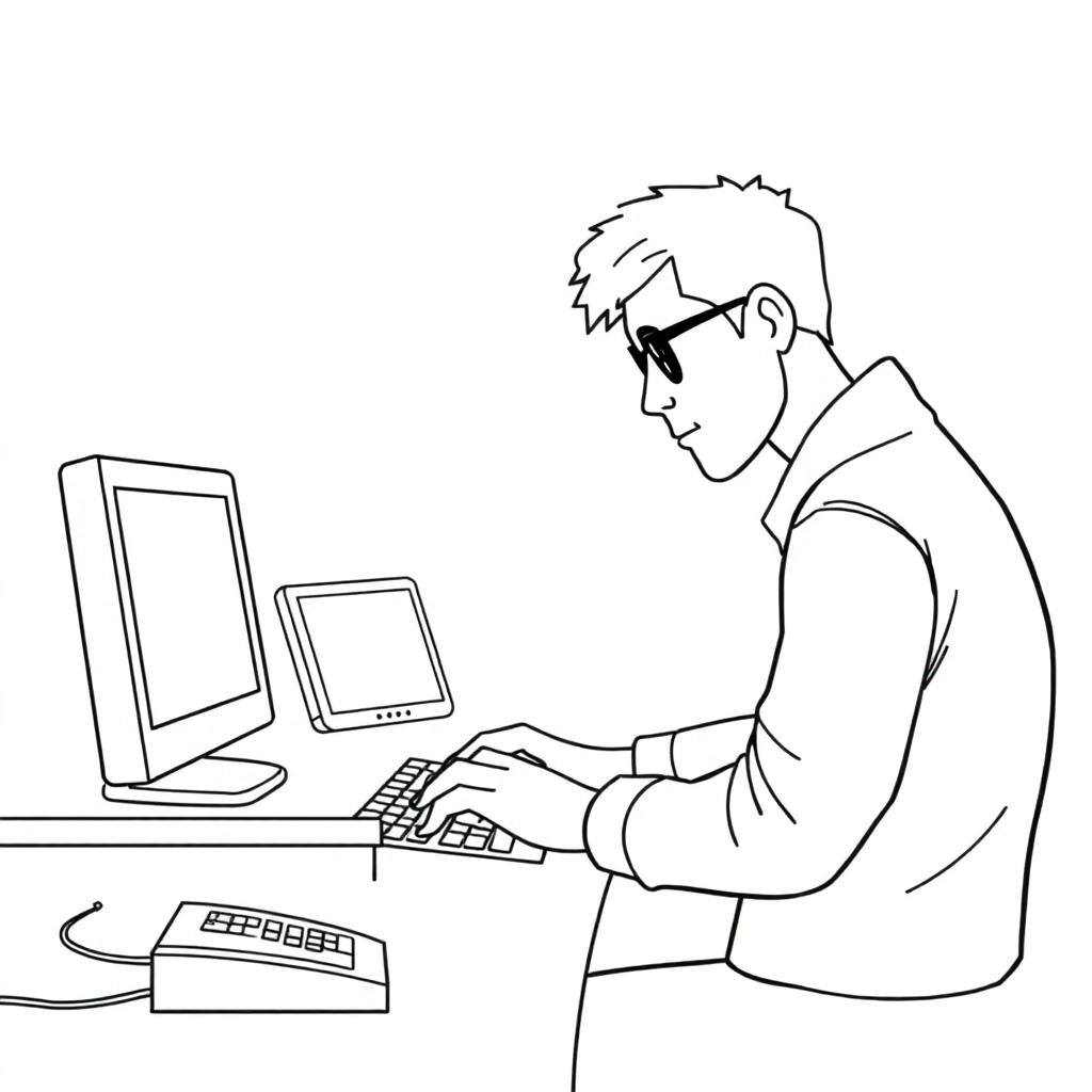 a bald pregrammer is typing on a computer صفحات التلوين