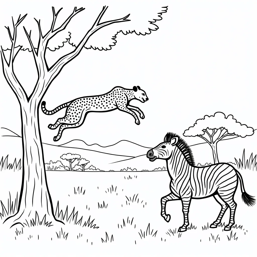 A cheetah jumping from a tree to catch a zebra in the savanna with a lot of trees during sunset coloring pages