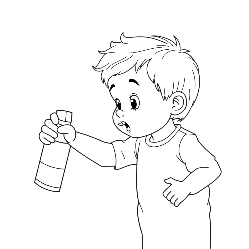A toddler is using an asthma sprayer صفحات التلوين