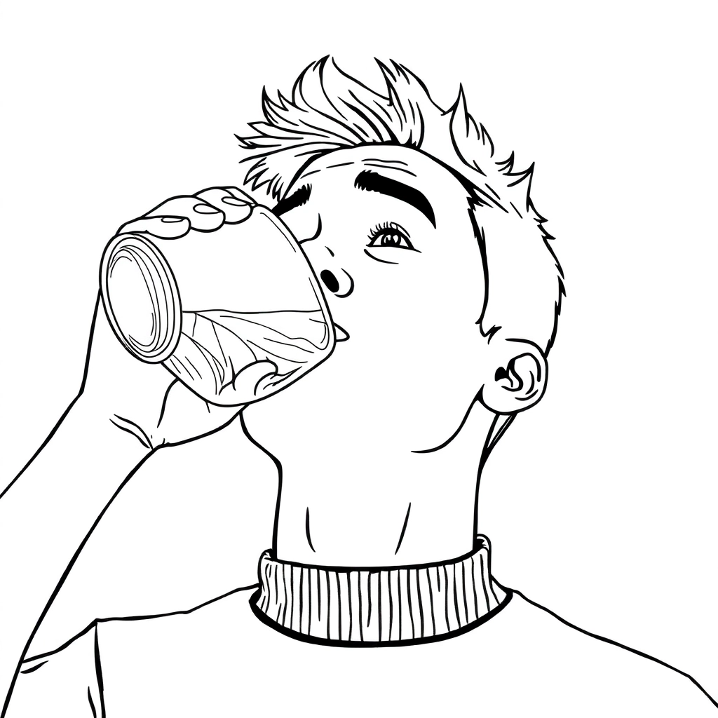 A man is drinking water with his head up صفحات التلوين
