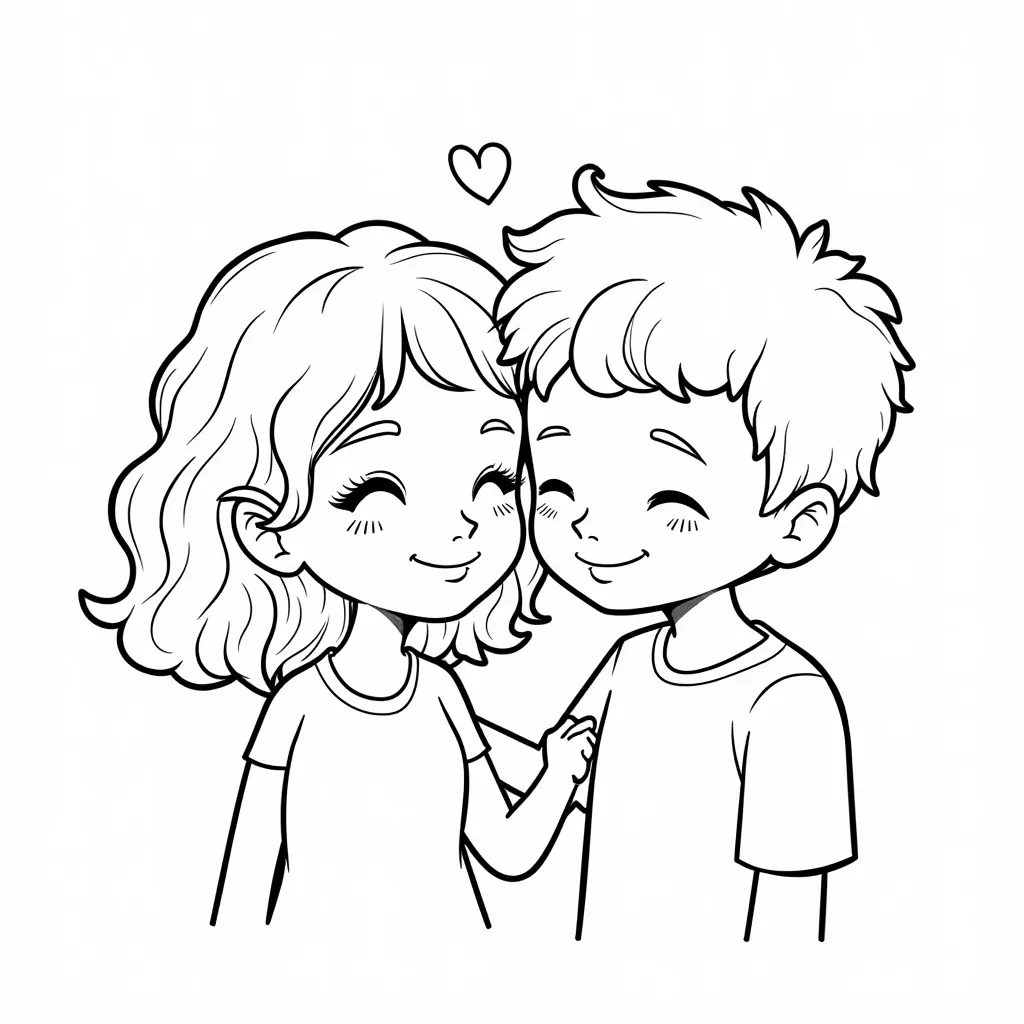 a cute couple cuddling she has curly hair he has short hair coloring pages