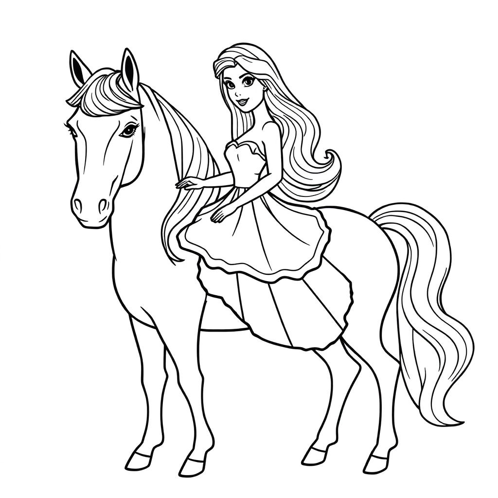 Barbie is wearing a beautiful dress and riding a white horse صفحات التلوين