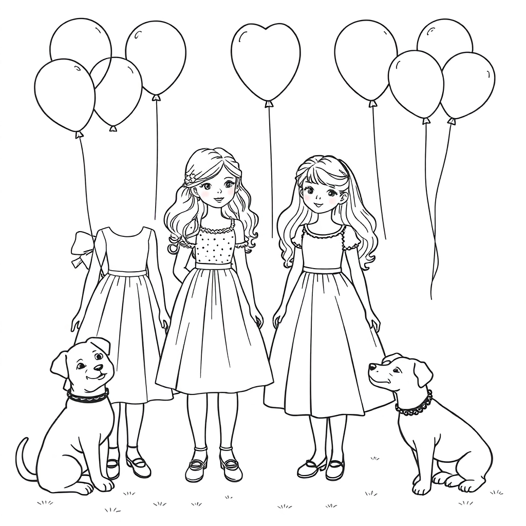 Two little girls holding hands holding balloons and wearing dresses with two small dogs next to them صفحات التلوين