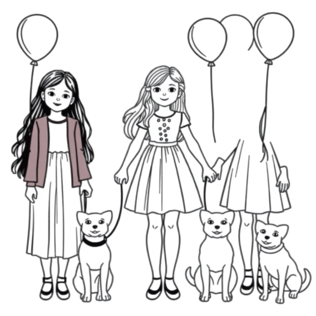 Two little girls in dresses holding hands holding balloons and two little dogs next to them صفحات التلوين