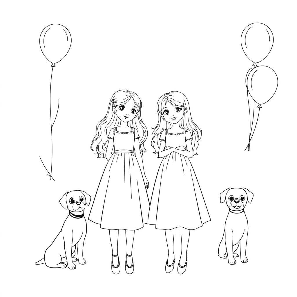 Two little girls wearing dresses with hands  balloon  Two puppies صفحات التلوين
