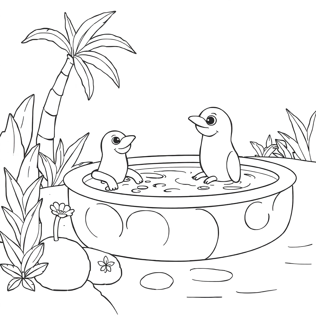 Una papera in stile cute che fa il bagno in piscina con il suo amico coniglio صفحات التلوين