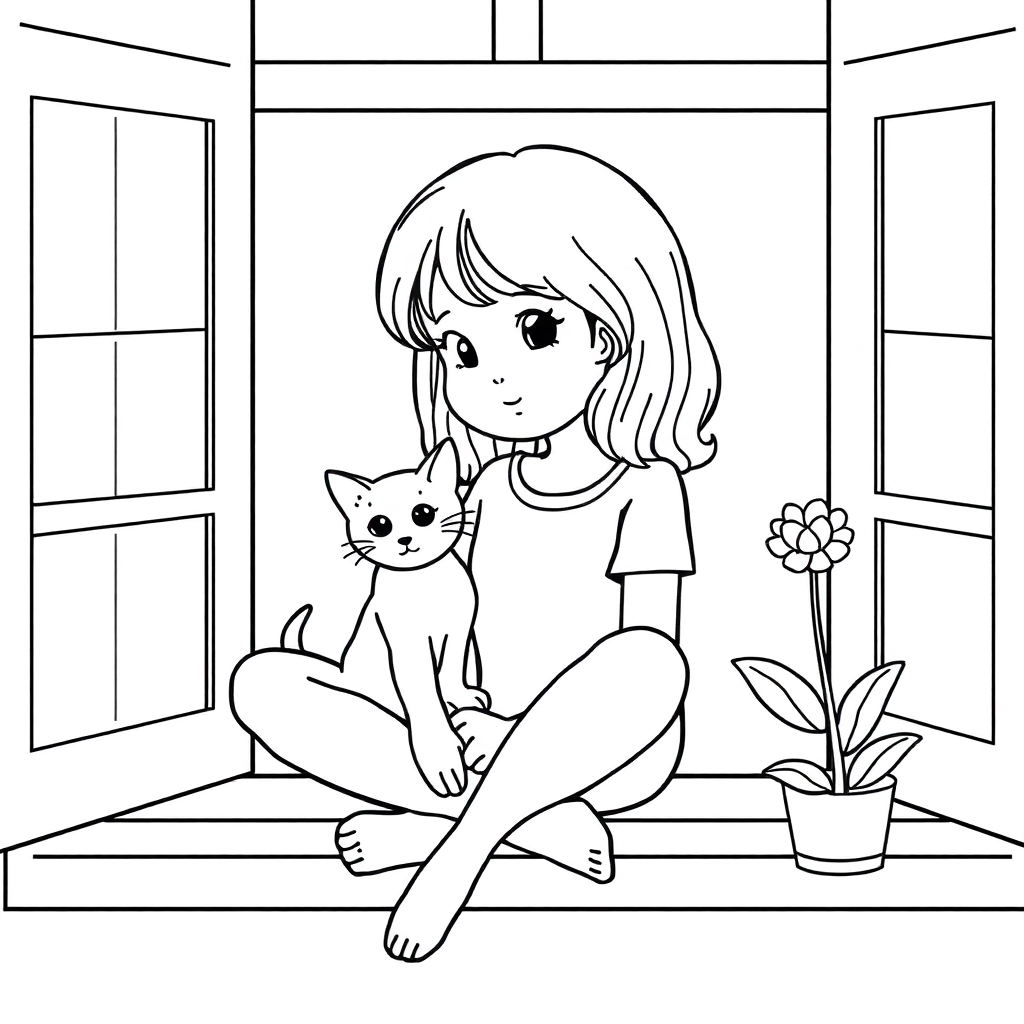 简约可爱系风格女孩盘腿坐在窗边怀抱猫咪猫咪闭眼打呼噜窗台上有一盆小植物纯黑线稿无反光干扰每个涂色区域线条必须封闭且连贯线条平滑流畅无毛刺或抖动无填充色无阴影 صفحات التلوين
