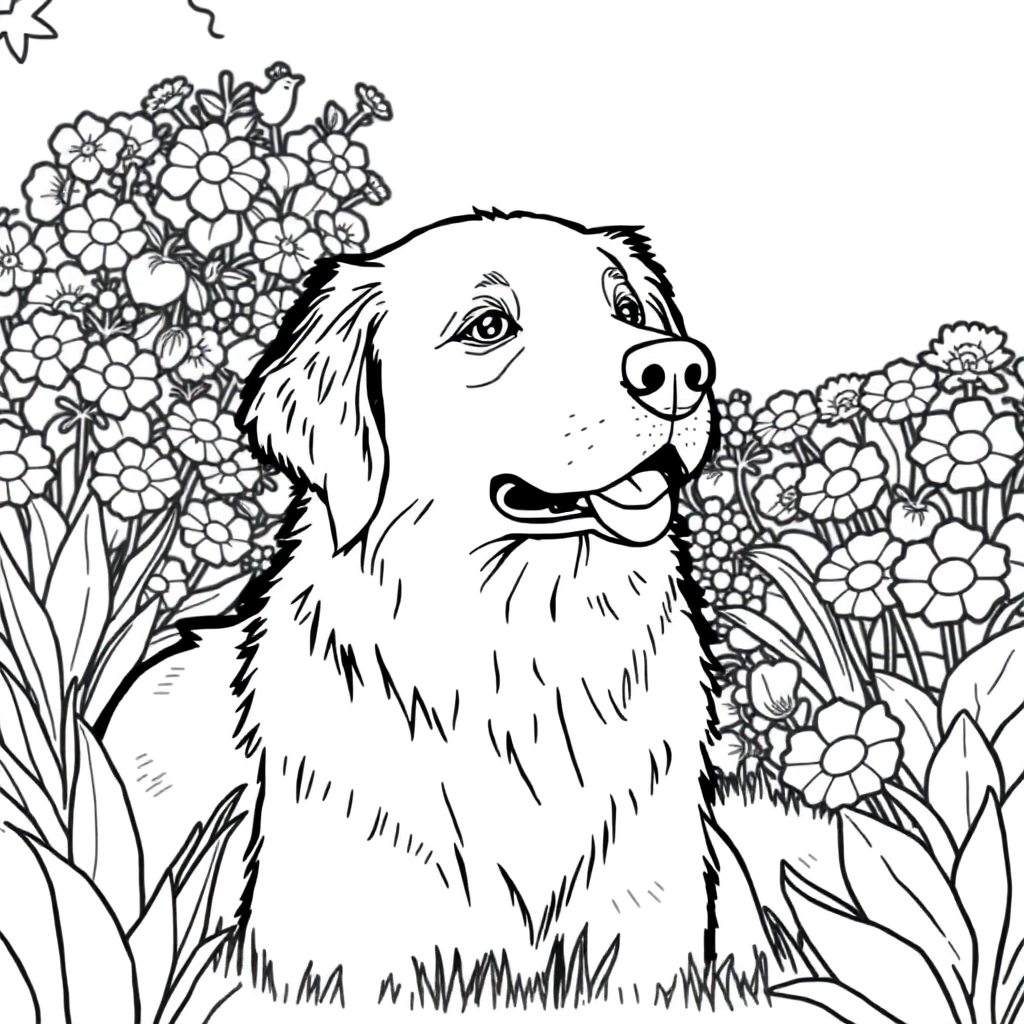a Golden retriver playing in a garden صفحات التلوين