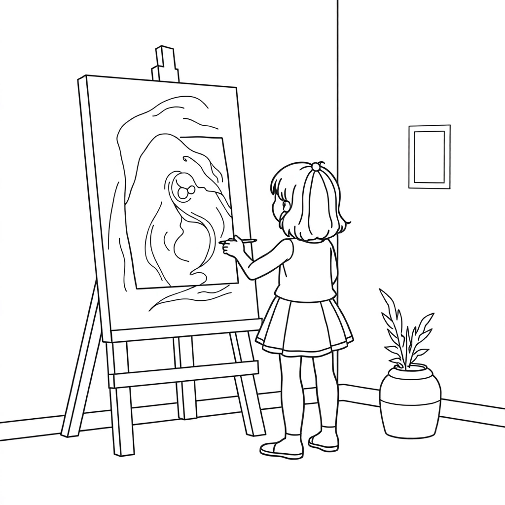 Illustration 17 year old girl painting on canvas in her room cute illustration outline 11 size صفحات التلوين