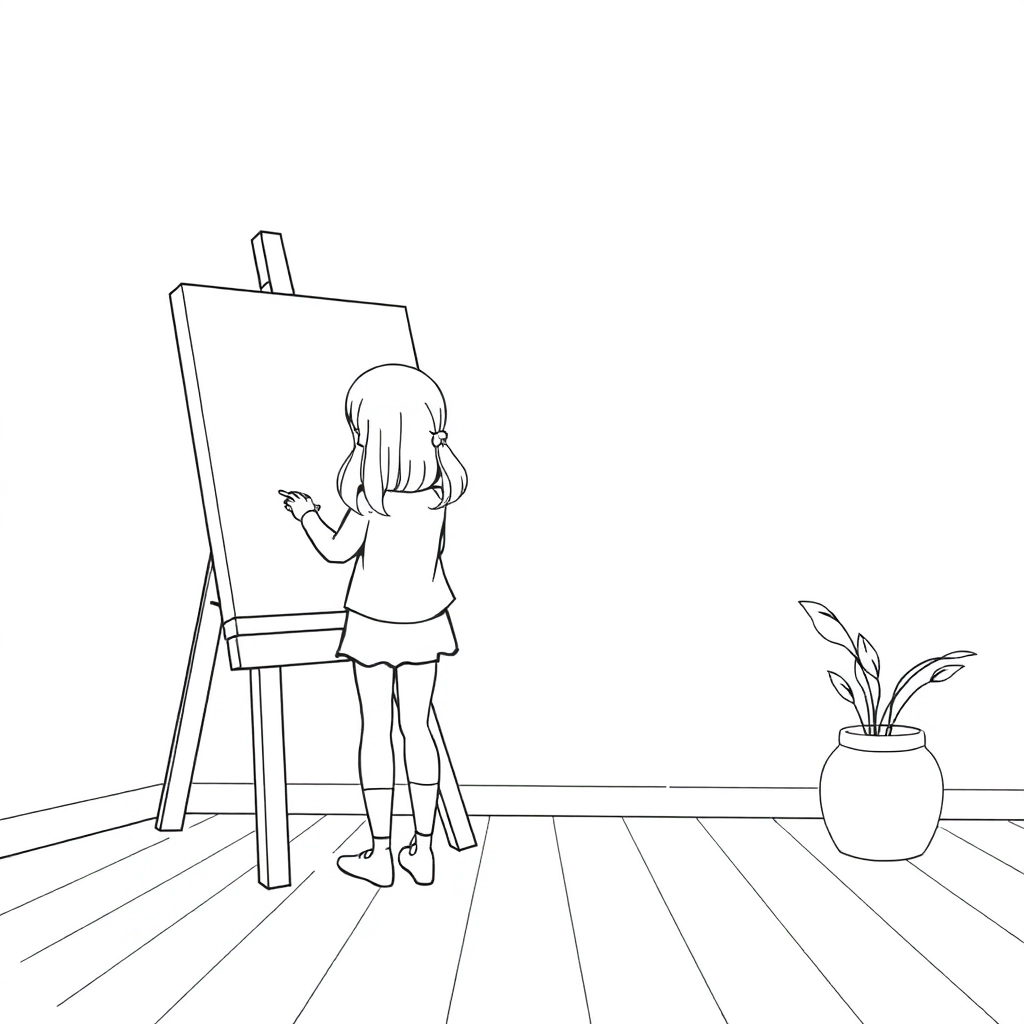 Illustration  girl painting on canvas in her room cute illustration outline 11 size صفحات التلوين
