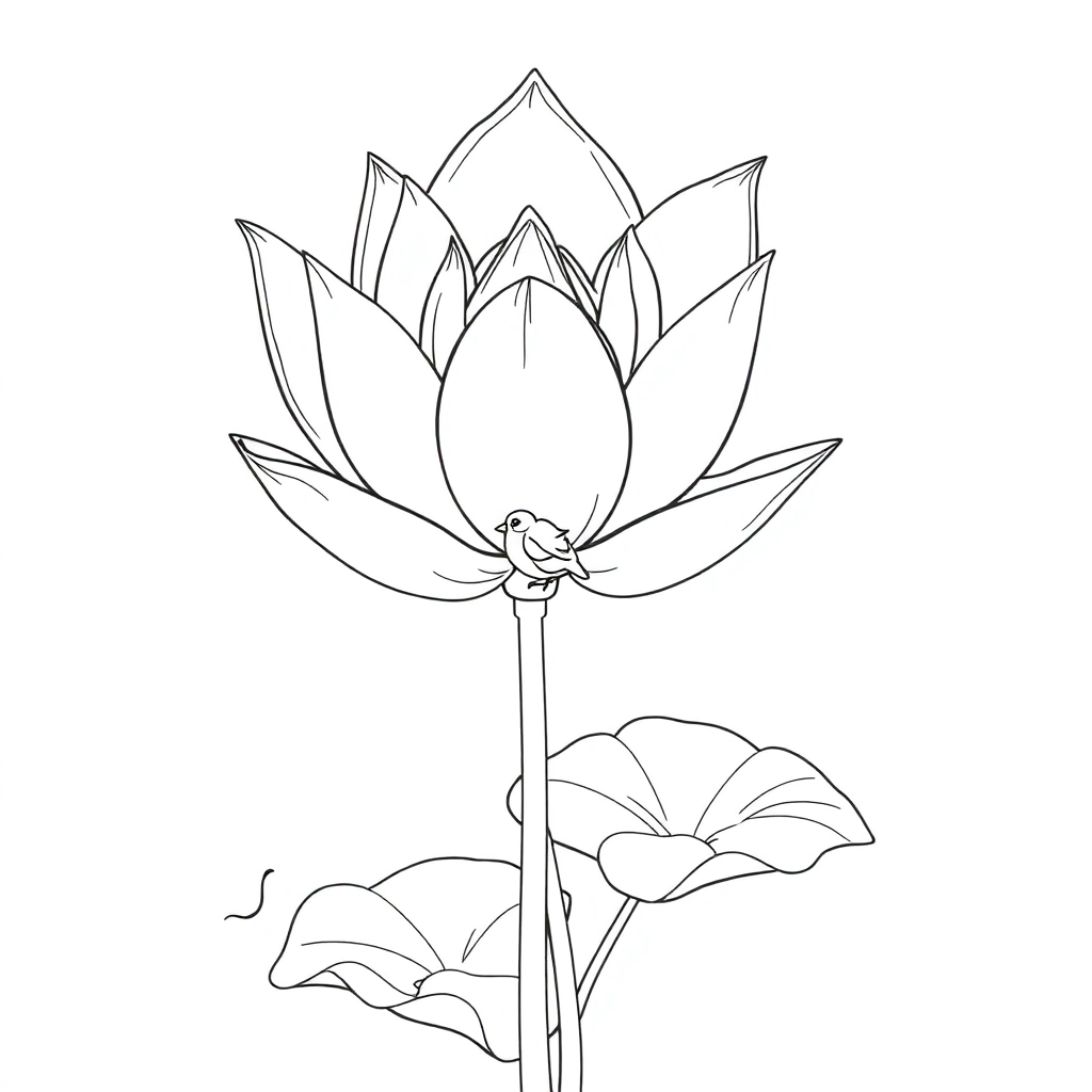 水面上漂浮着荷叶荷花芦苇上停着一只小鸟 Coloring Pages