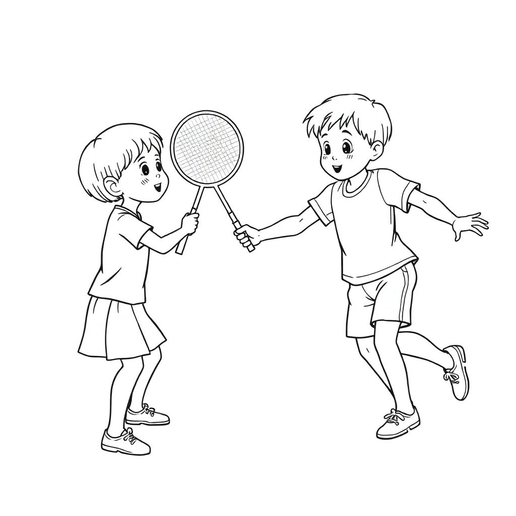 Two children playing badminton one facing front one back angle صفحات التلوين