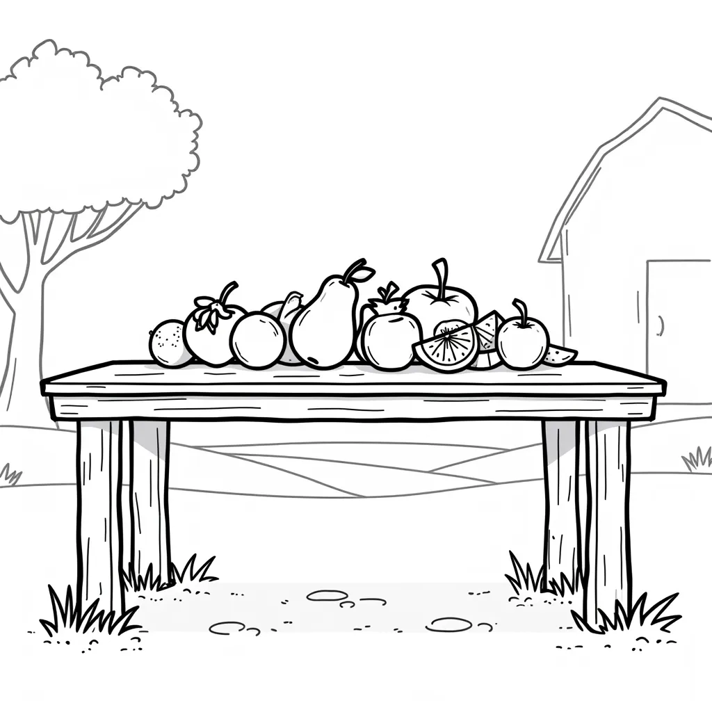 a table with fruits and the background should be a farm setting coloring pages