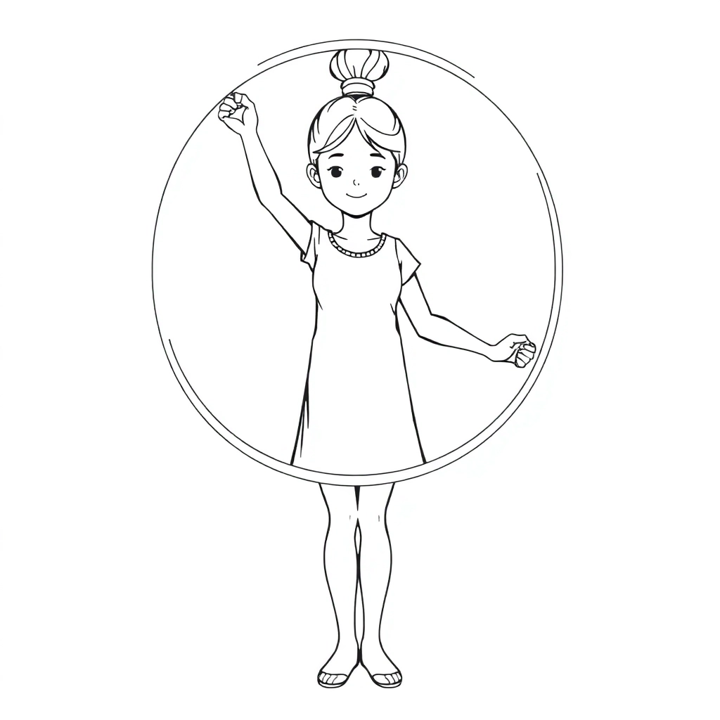 女童转呼啦圈运动姿势正面扎头发呼啦圈在腰中间两手抓住呼啦圈 صفحات التلوين