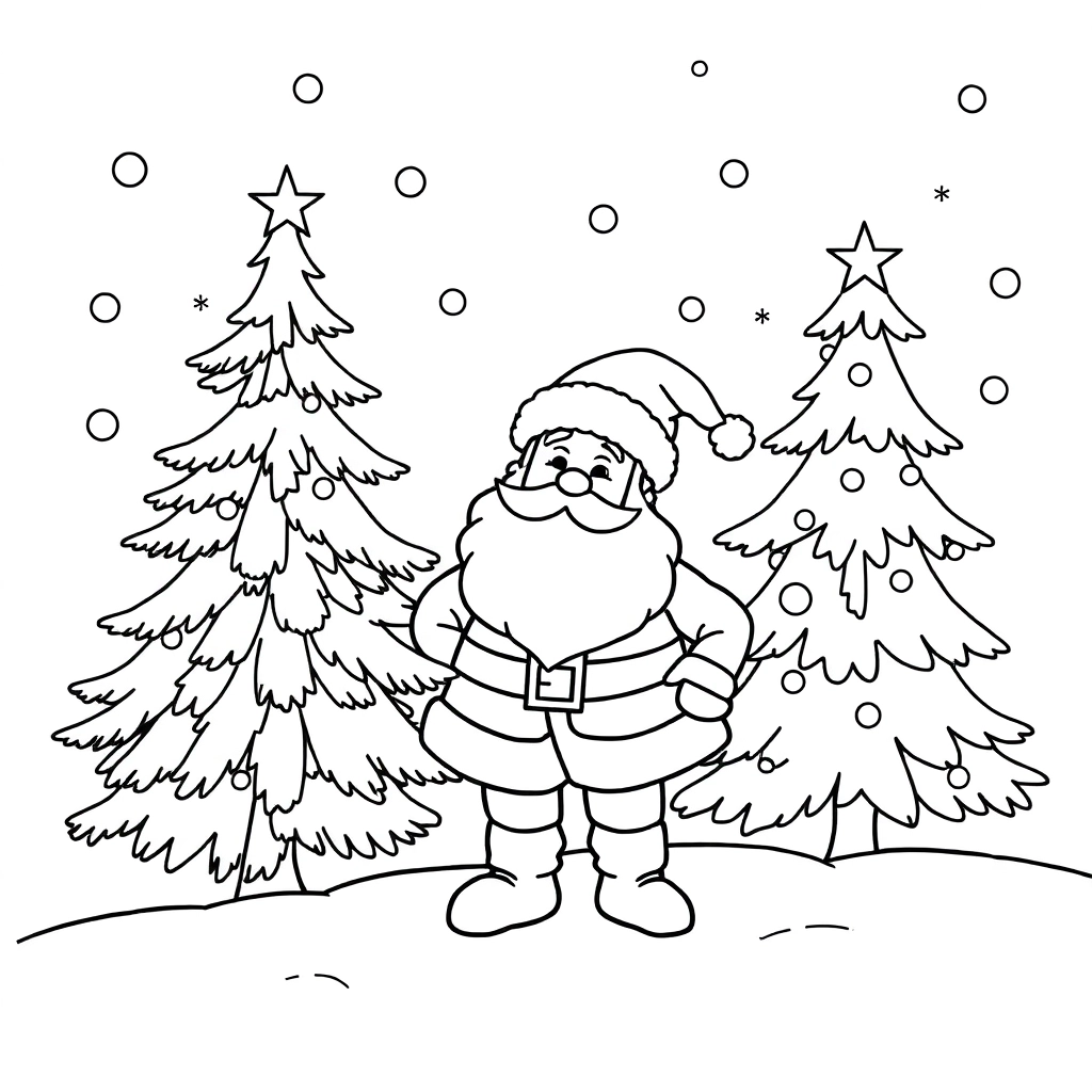Santa and snow and Christmas tree Coloring Pages