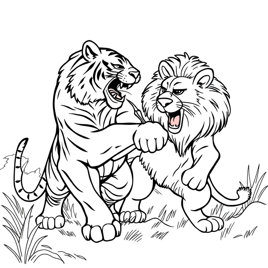 Draw a picture of a tiger battling a lion صفحات التلوين