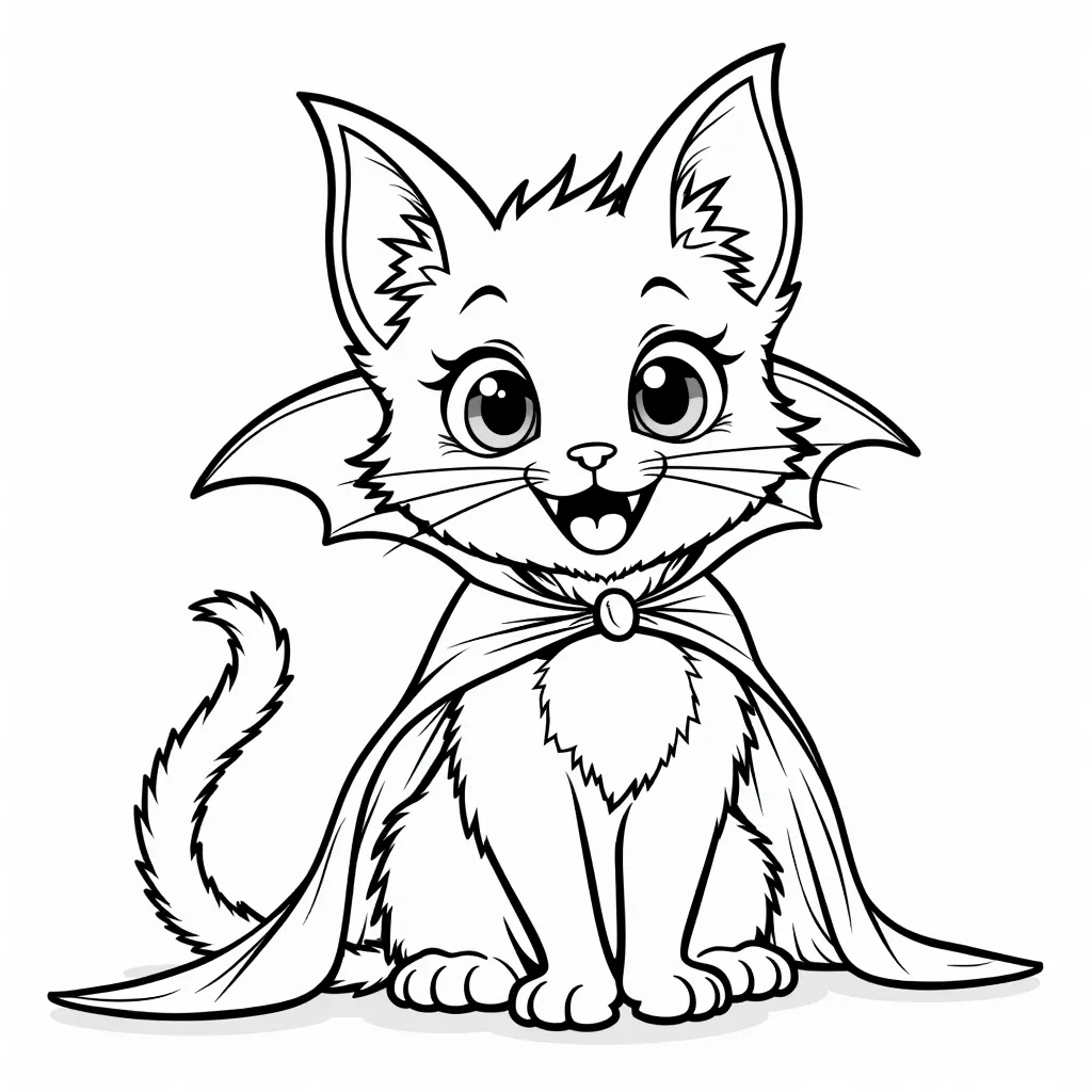 scary cat dressed as Dracula with fangs coloring pages