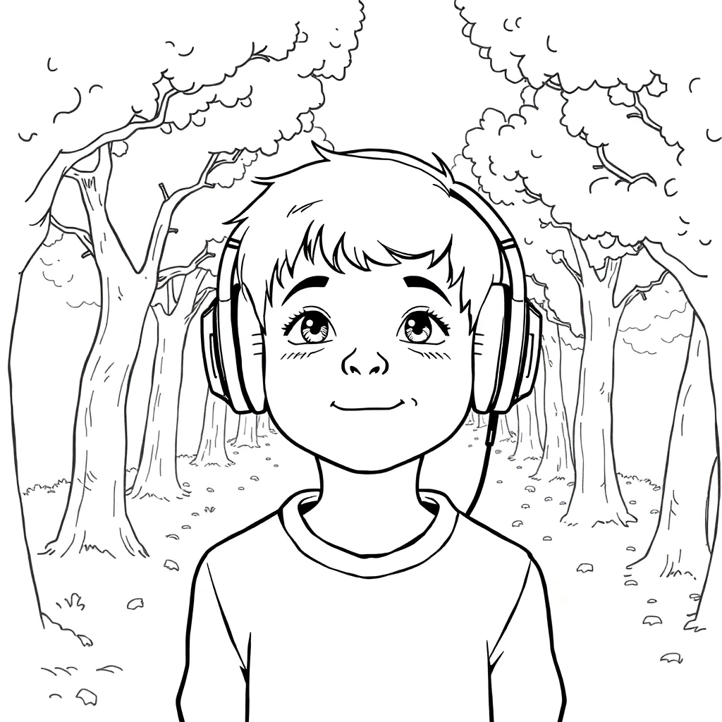 A handsome high school boy in a white shirt and wired headphones walking on a treelined path صفحات التلوين
