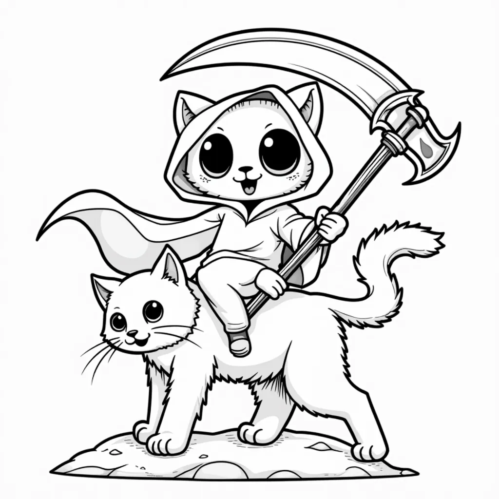 grim reaper riding a cute cat coloring pages