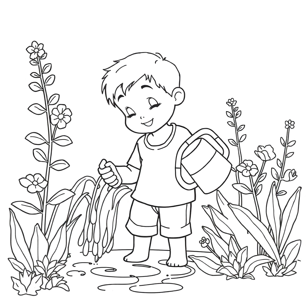 boy watering plants صفحات التلوين
