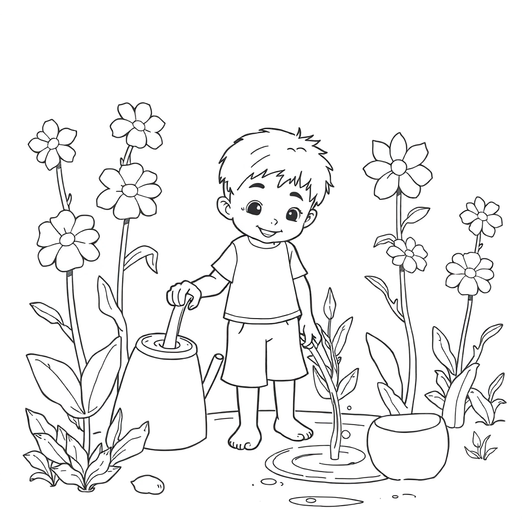 boy watering plants صفحات التلوين