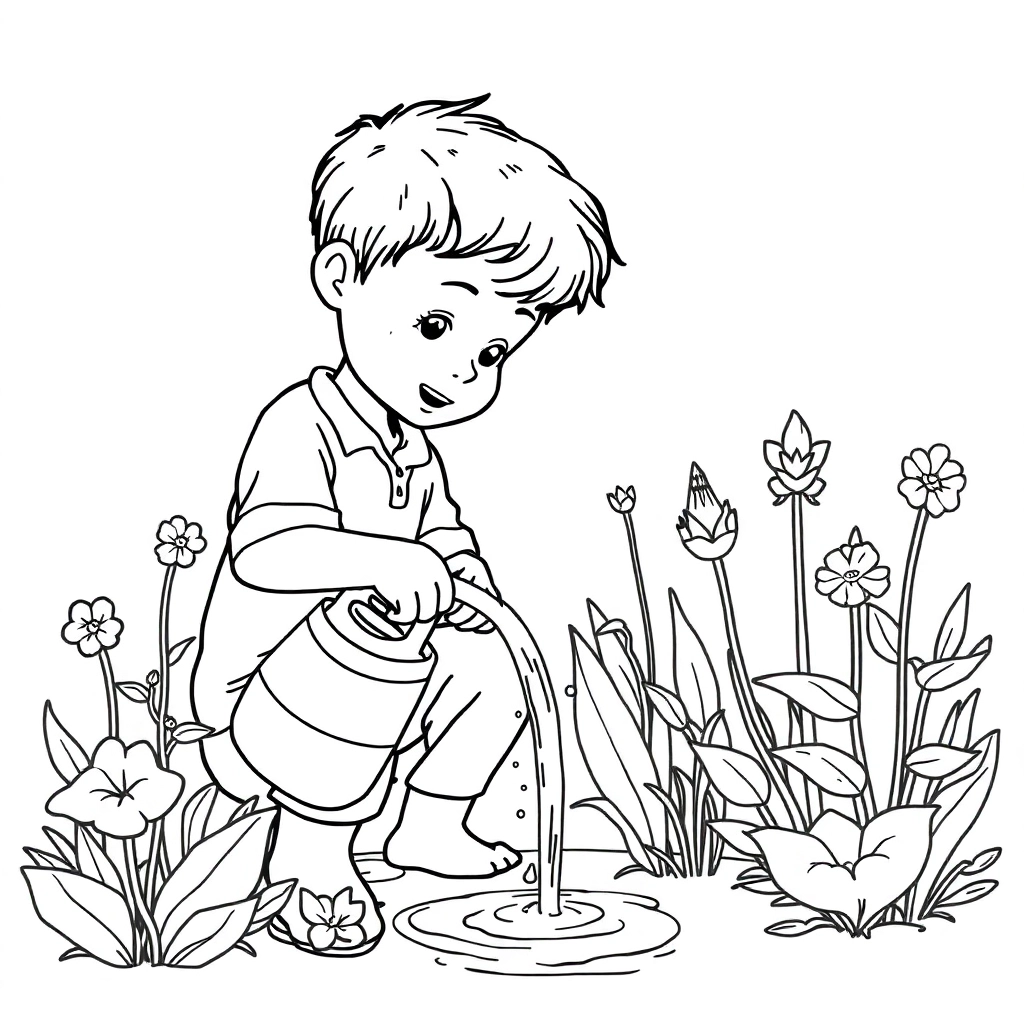 boy watering plants صفحات التلوين