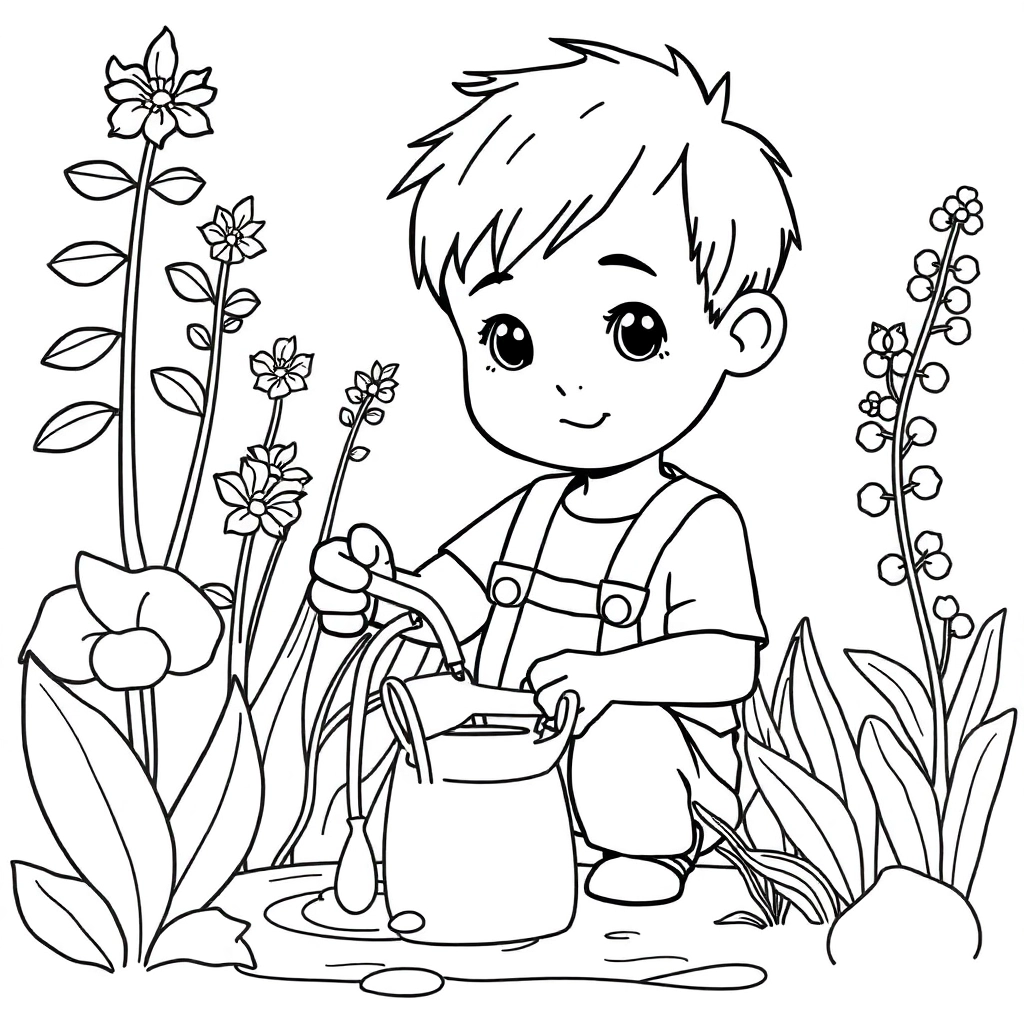 boy watering plants صفحات التلوين