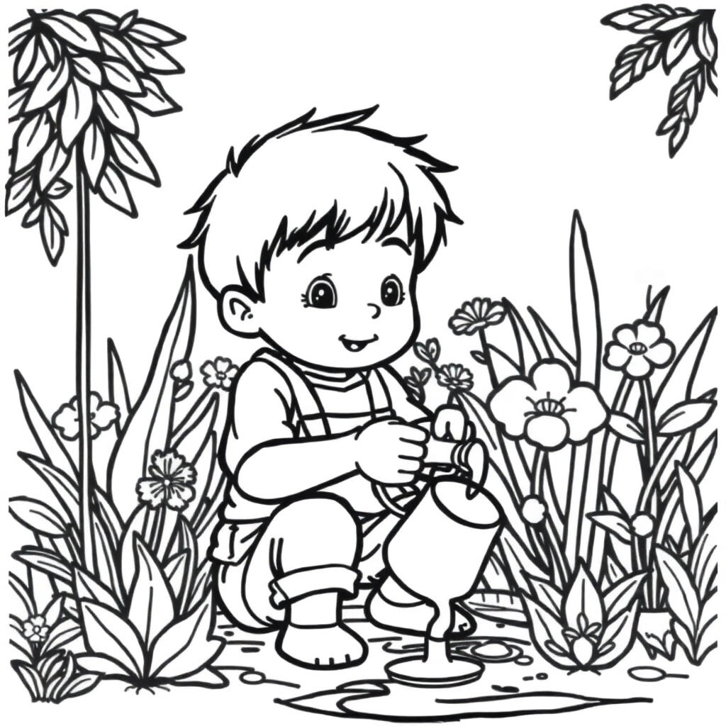 boy watering plants صفحات التلوين
