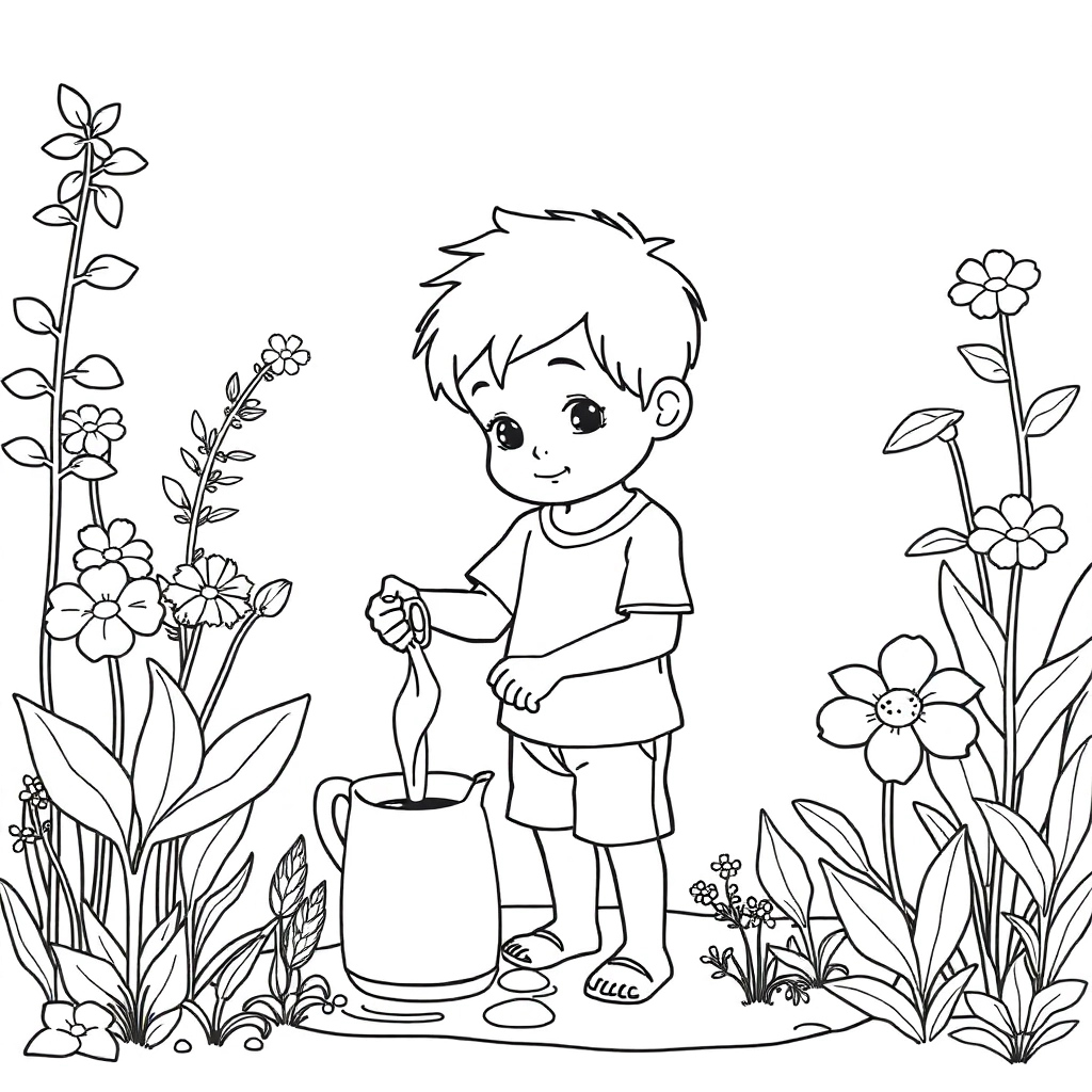 boy watering plants صفحات التلوين