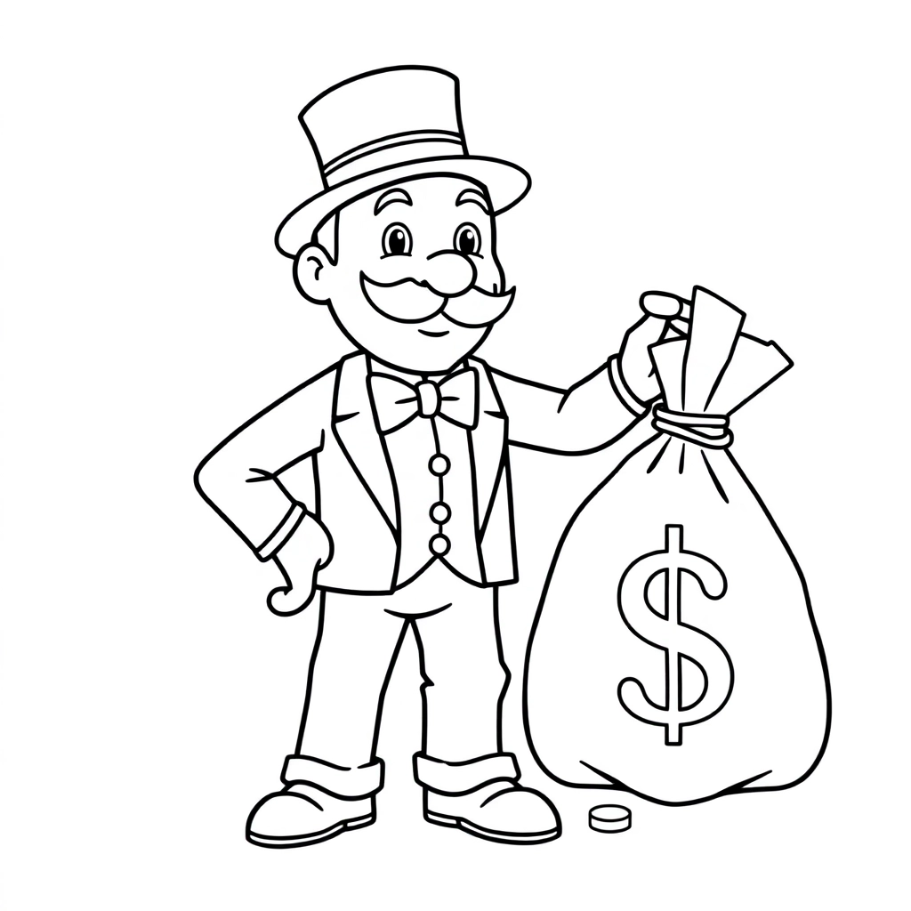 Monopoly man running with large bag of money with a dollar sign on bag صفحات التلوين