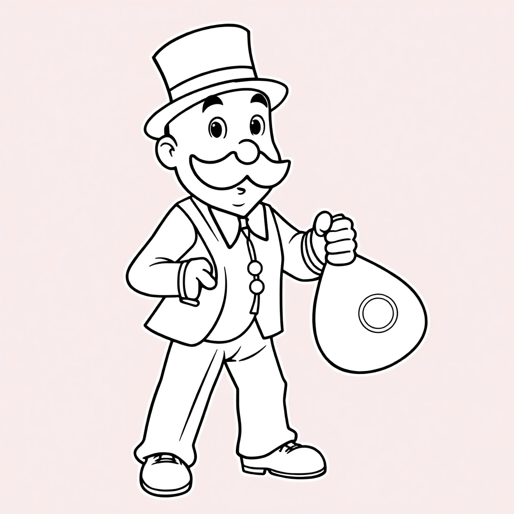 Monopoly man running with large bag of money with a dollar sign on bag and holding a gun صفحات التلوين