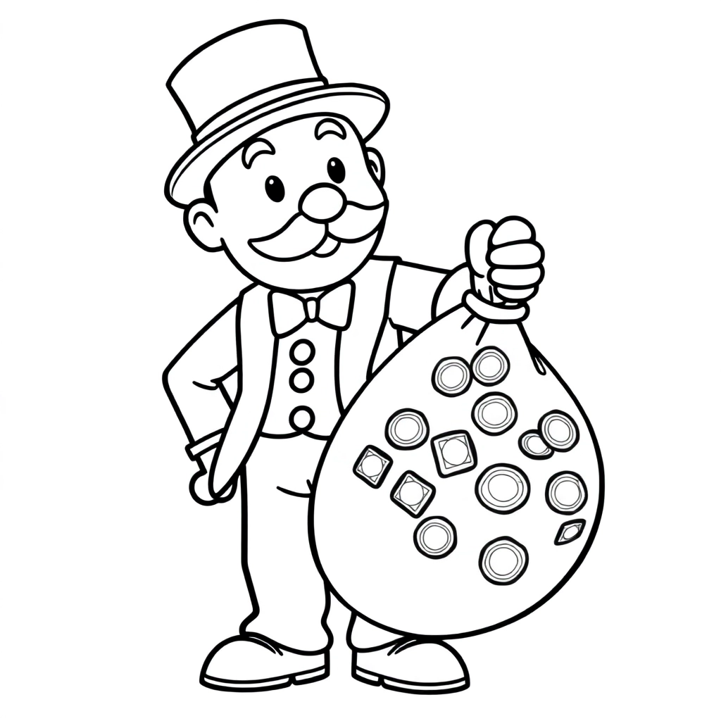 Monopoly man running with large bag of money with a dollar sign on bag and holding a machine gun صفحات التلوين