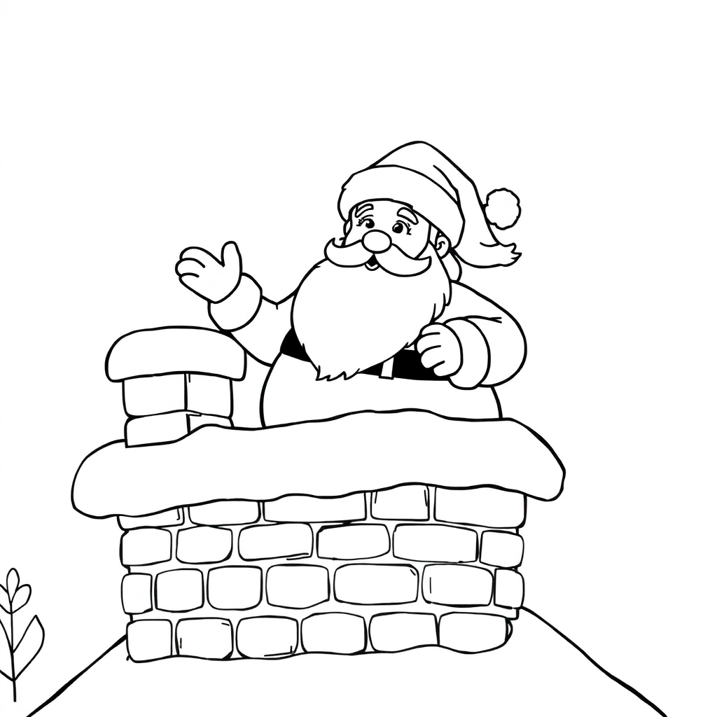 Santa climbing chimney snowy rooftop simple flat design black and white line art minimal details صفحات التلوين