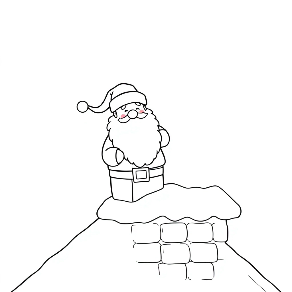 Santa climbing chimney snowy rooftop simple flat design black and white line art minimal details صفحات التلوين
