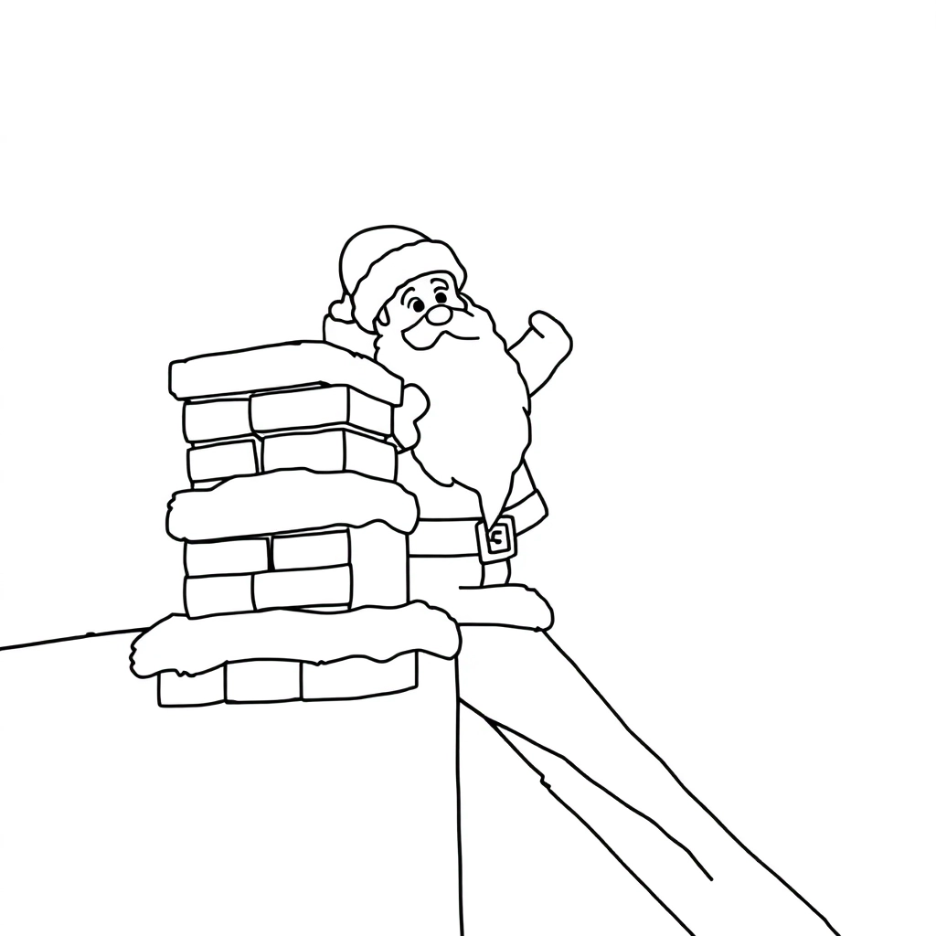 Santa climbing chimney snowy rooftop simple flat design black and white line art minimal details صفحات التلوين