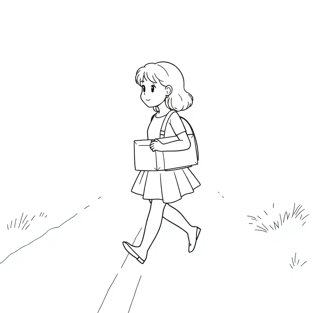 The girl walking on the road with the box in her hand  صفحات التلوين