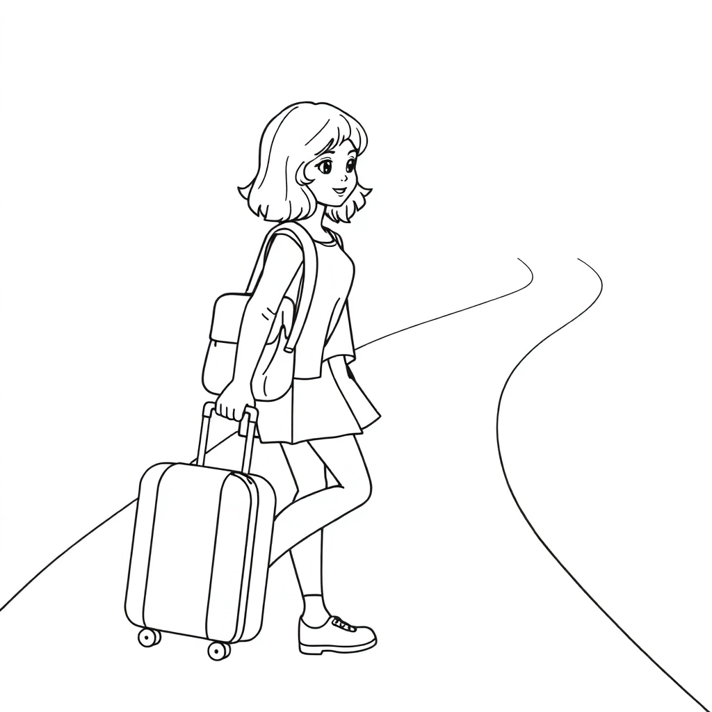 The girl walking on the road with a suitcase in her hand  صفحات التلوين