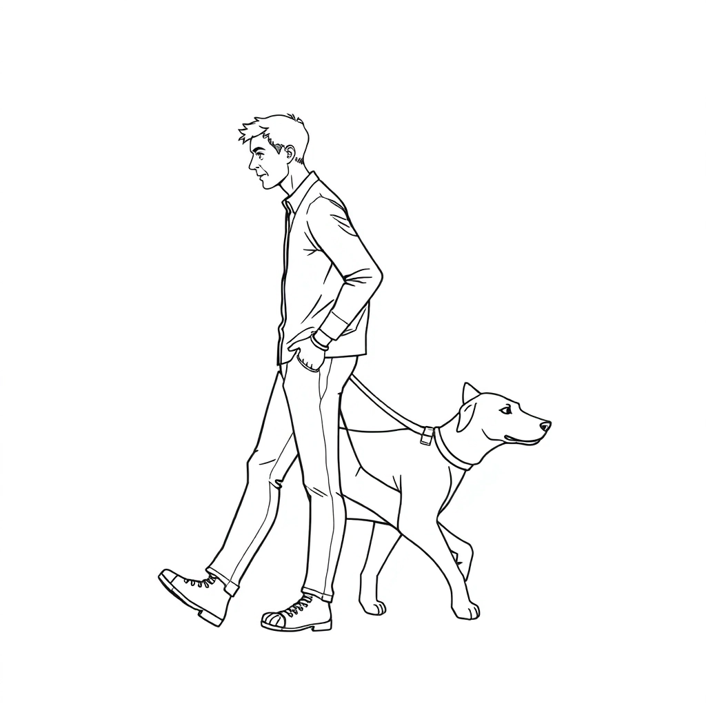 Back view of men walking with dog  Coloring Pages