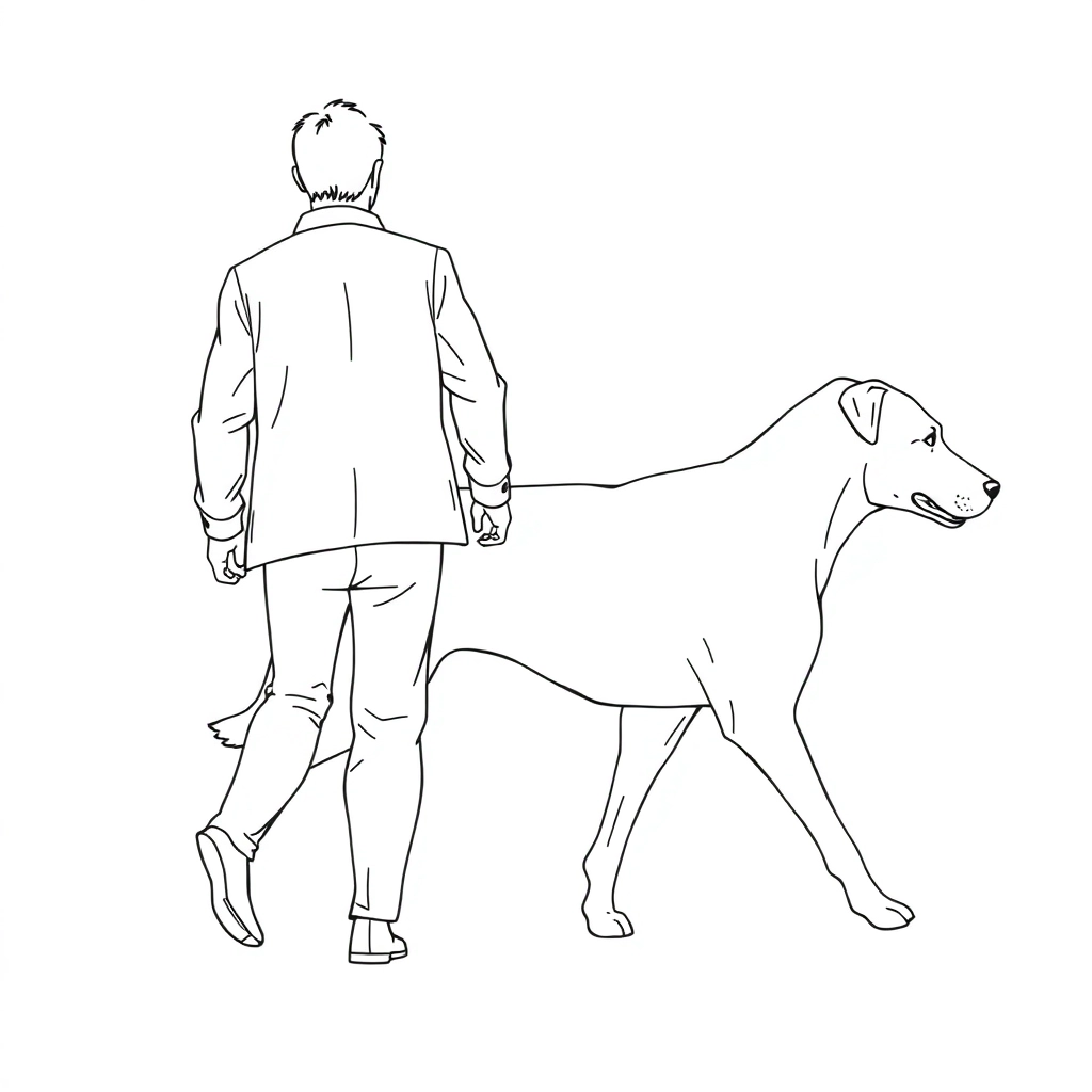Back view of men walking with dog  Coloring Pages