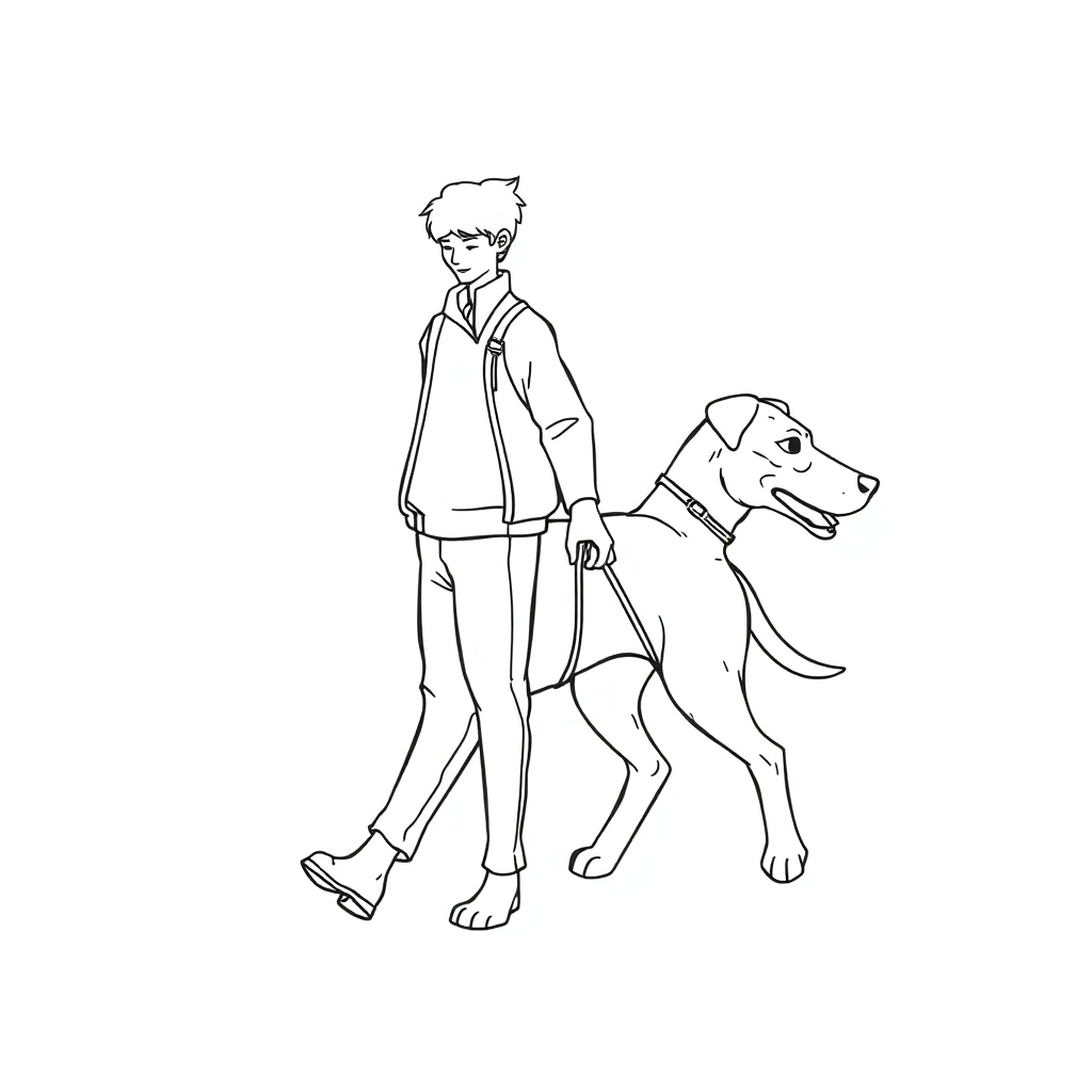 Back view of men walking with dog  Coloring Pages