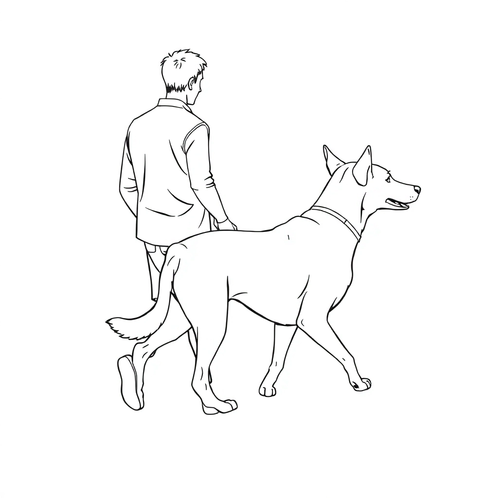 men walk with dog back view Coloring Pages