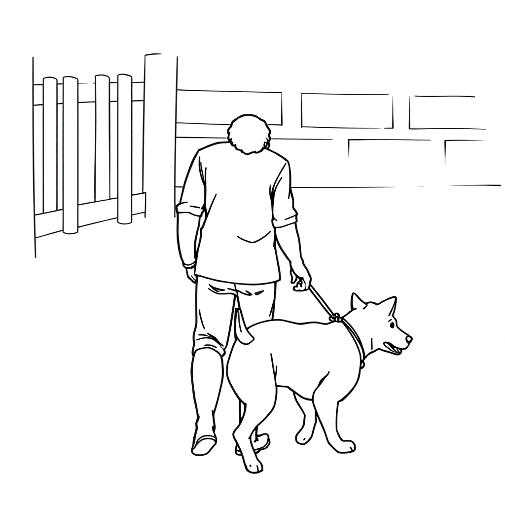 men walk with dog from back view Páginas para Colorear