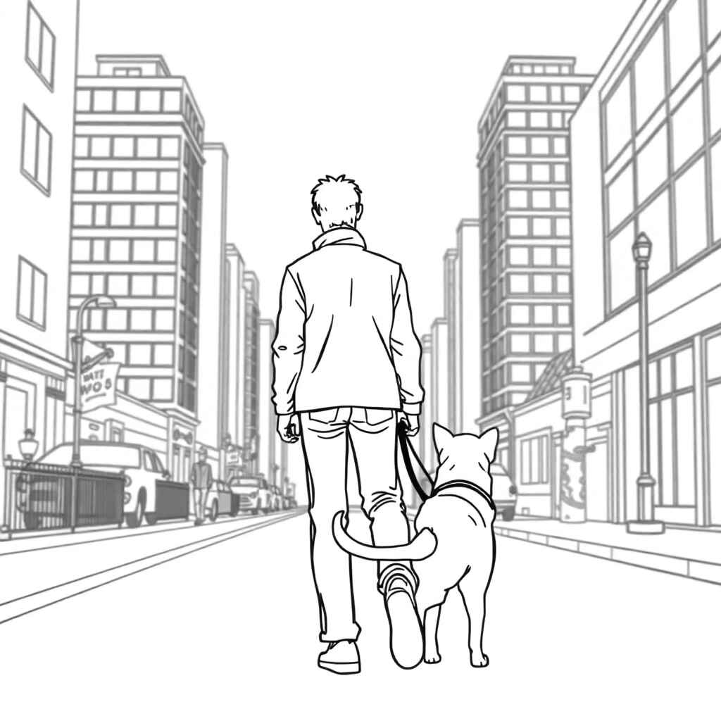 men walk with dog in the city from backview صفحات التلوين